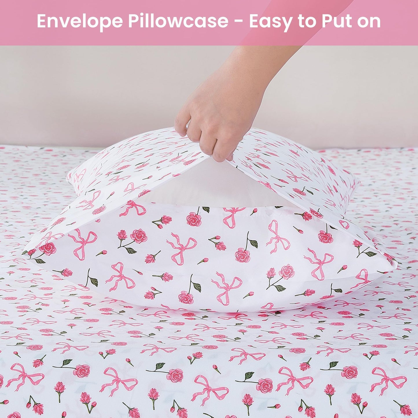 Softan Pink Floral Full Bed Sheets, Cozy Microfiber Flower Printed Sheets with 15" Deep Pocket Fitted Sheet & Non-Slip Straps, Patterned Pink Rose - Bow Sheets & Pillowcase Set