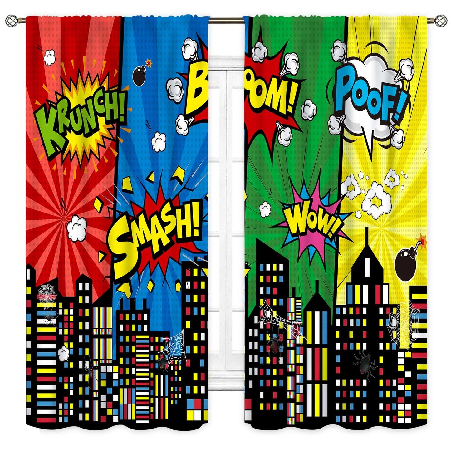 TKUYO Super City Hero Curtain, Comic Style Cityscape Skyline Buildings Cartoon Window Curtains for Boys Kids Teens Baby Room Bedroom Living Nursery 2 Panel Sets, 42"x45" Inch