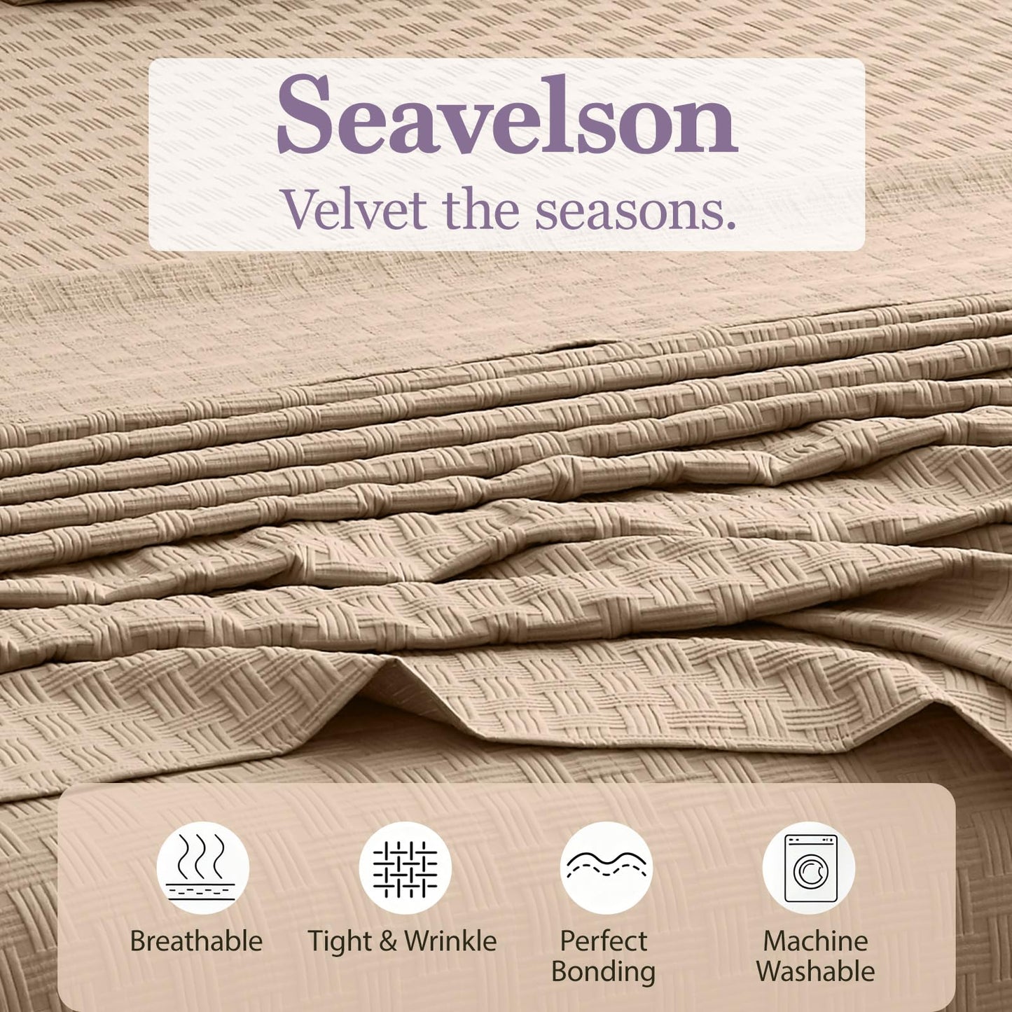 Seavelson Woven Grid Soft King Size Sheet Set - Comfortable & Breathable 4 Piece Bed Sheets with 1 Fitted Sheet,1 Flat Sheet & 2 Pillowcases - Deep Pocket Up to 18 Inches (Camel)