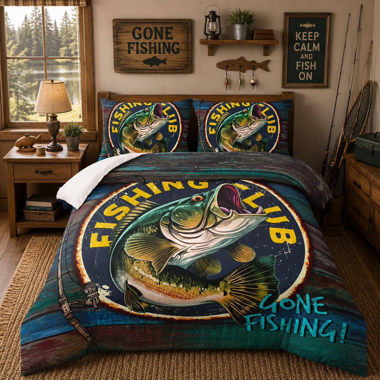 Nttopship Big Pike Fish Bedding, Bass Fishing Comforter Set Hunting and Fishing Brown Green Bedding Set Themed Comforter Set for Kids Boys Room Decor, Twin Bed in a Bag for Teens with 2 Pillowcases
