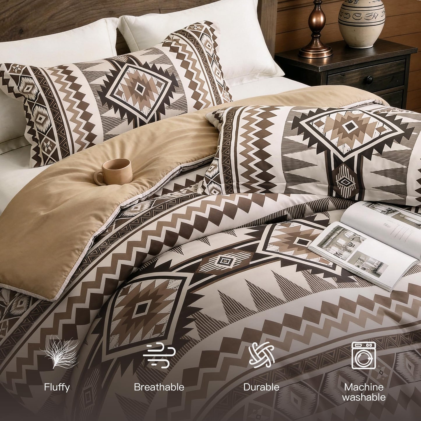 Tyrot Brown King Size Comforter Set – 3 Piece Boho Aztec Western Bedding Sets, Soft Lightweight Comforter for All Seasons, Southwestern Style, 1 Comforter & 2 Pillow Shams