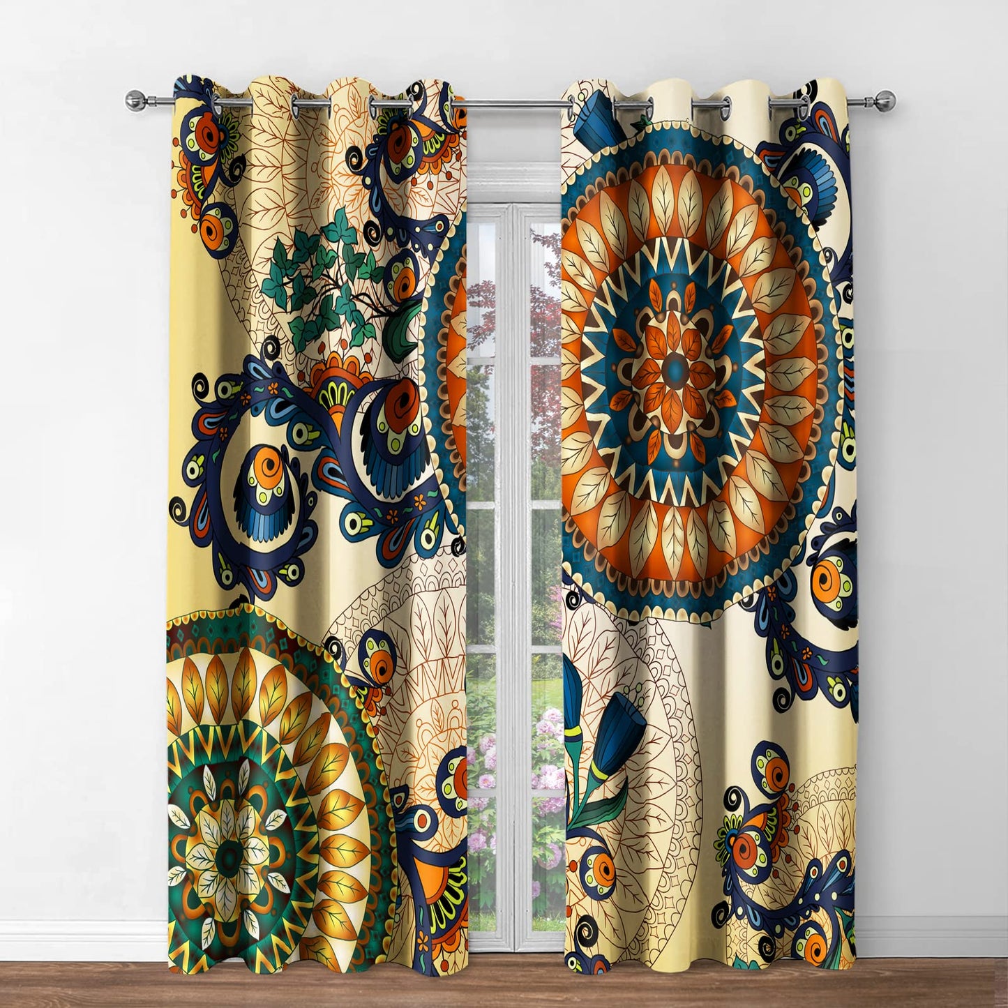 Jekeno Bohemian Flower Blackout Curtains - Boho Mandala Floral Flowers Print Pattern Grommet Darkening Drapes Decor for Bedroom Living Room Apartment Privacy Window Treatments 2 Panels Set, 52"X84"