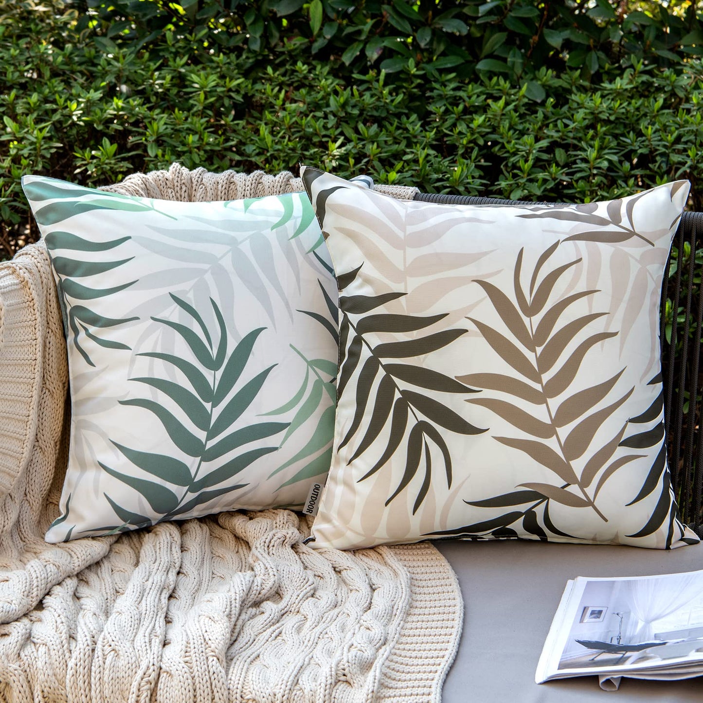 MIULEE Pack of 2 Decorative Outdoor Waterproof Throw Pillow Covers Patio Pillow Cases Natural Leaves Pattern Spring Square Cushion Shams Shell for Garden Balcony Couch 18x18 Inch, Coffee Brown