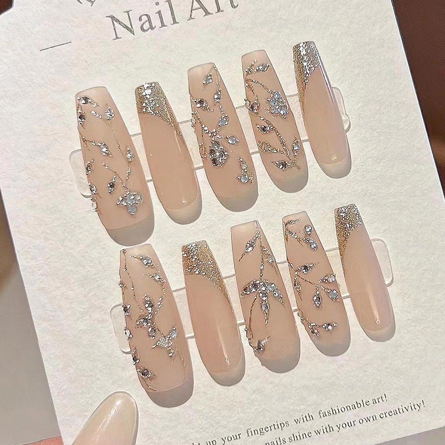 MISUD Press on Nails - Long Coffin Glue on Nails with Bling Glitter Rhinestone, Acrylic Nude Design 24 pcs