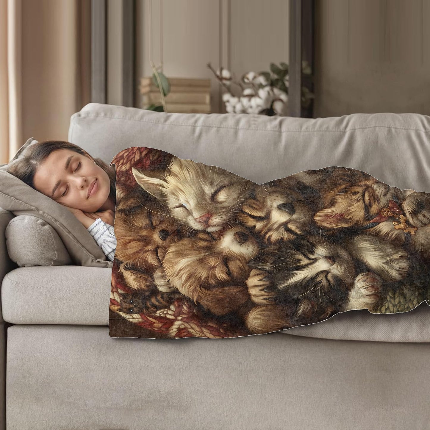Plistiz Cute Dog and Cat Throw Blanket 50"x60", Sleepy Puppies and Kittens Theme Blankets for Living Room Couch, Home Decor, Soft Flannel Pet Gifts for Adults and Women