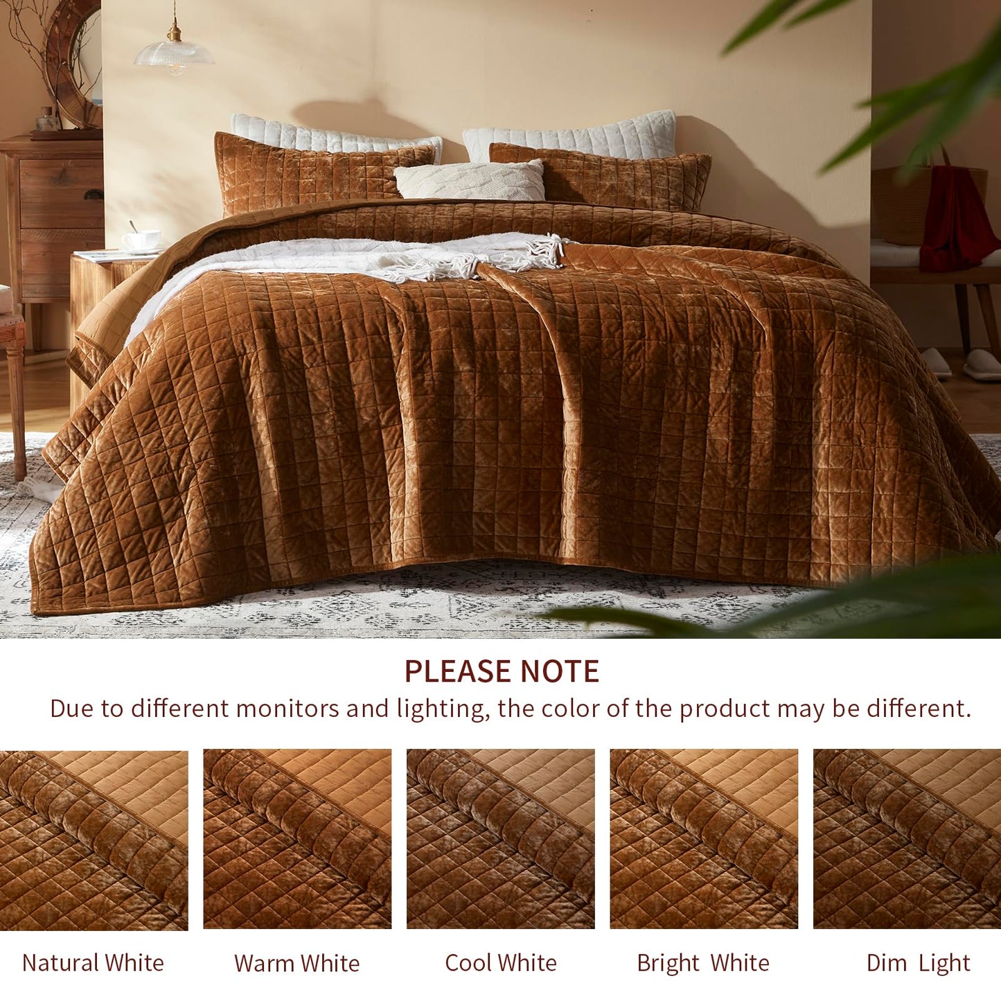 LEAONME Velvet Quilt California King-118''x106'', Lightweight Caramel Velvet Comforter Set with 2 Pillow Shams, Soft Oversized Bedspread Coverlet Quilted Bedding Set for All Season