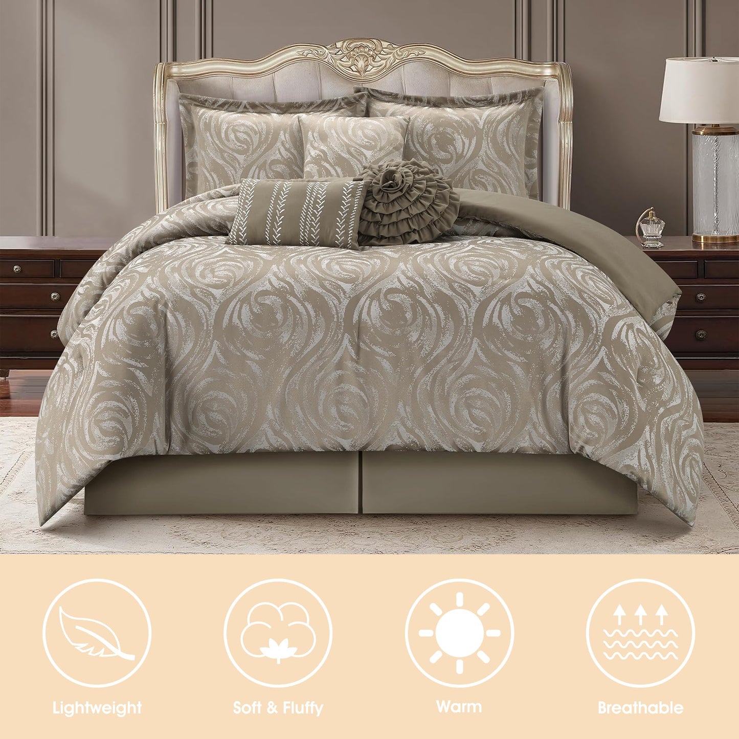 LANCO MODERN LIFESTYLE Taupe 7 Piece Comforter Set, King, Elegant Floral Jacquard, Ultra Soft Bed Set for All Seasons, Bed in a Bag, Include Comforter, Bed Skirt, Pillow Shams & Decor Pillows