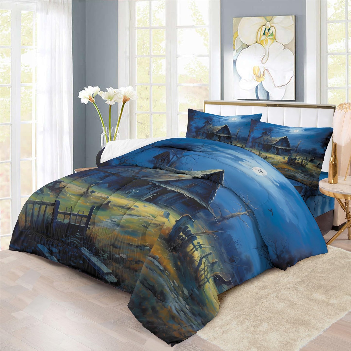 Halloween Haunted House Prints Comforter Set | Horror Festive Night Spooky Manor Design Bedding Set | with Soft Comforter+2 Pillow Shams(3PCS) or Sheet (4PCS) (C,Full-4PCS)