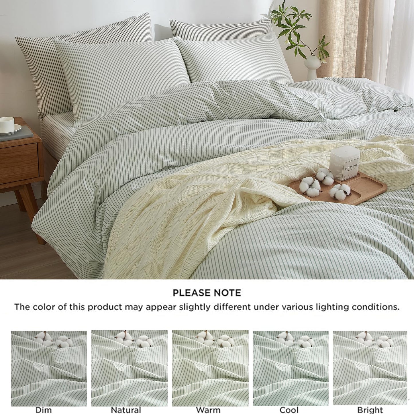 MWL Toy Striped Duvet Cover Set Queen Size 3 Pcs Breathable Durable 100% Washed Cotton Comforter Cover for All Seasons Chic Linen Like Textured Bedding Set (White Green Pinstripes, Queen)