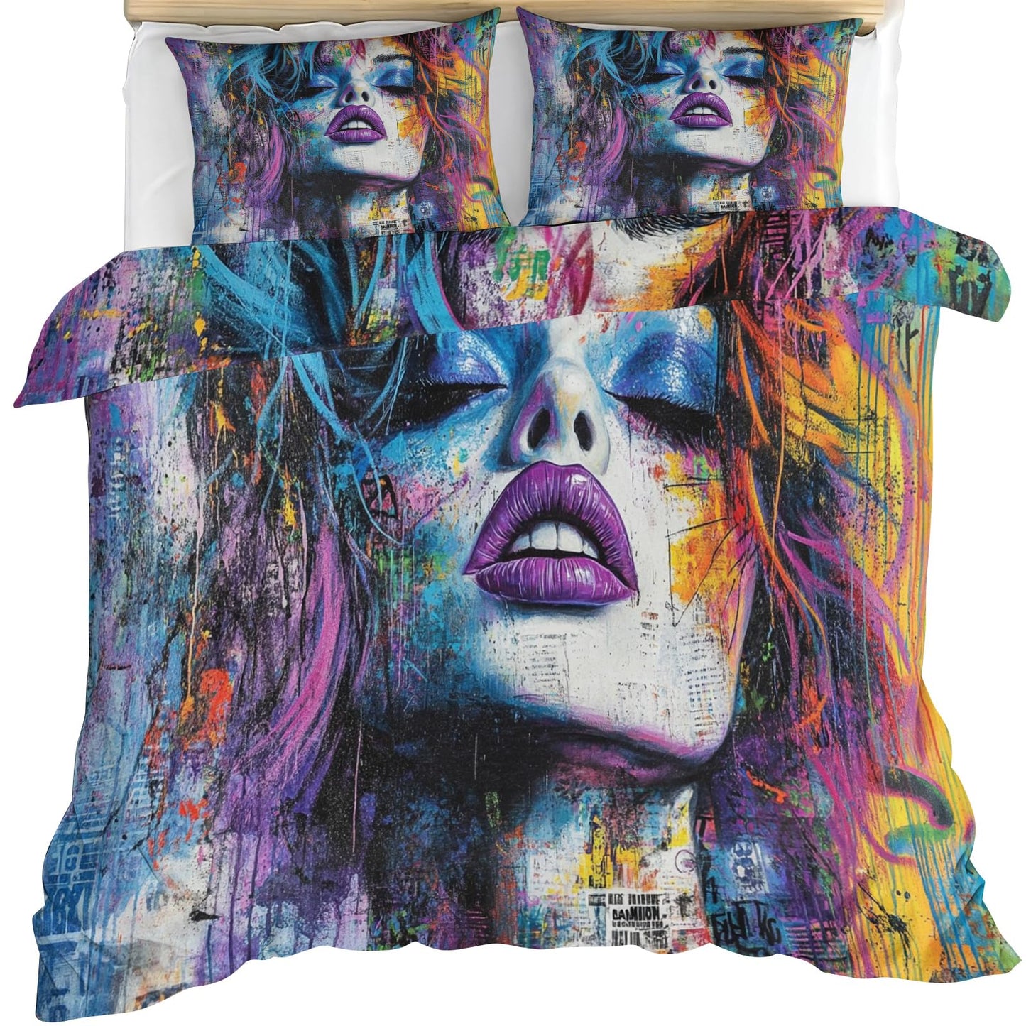 PAISUOQ Graffiti Duvet Cover Queen, Fashion Woman Bedding Sets, Street Art Comforter Cover with 2 Pillowcases, 3 Pieces with Zipper & Ties, Dorm Decor & Gifts