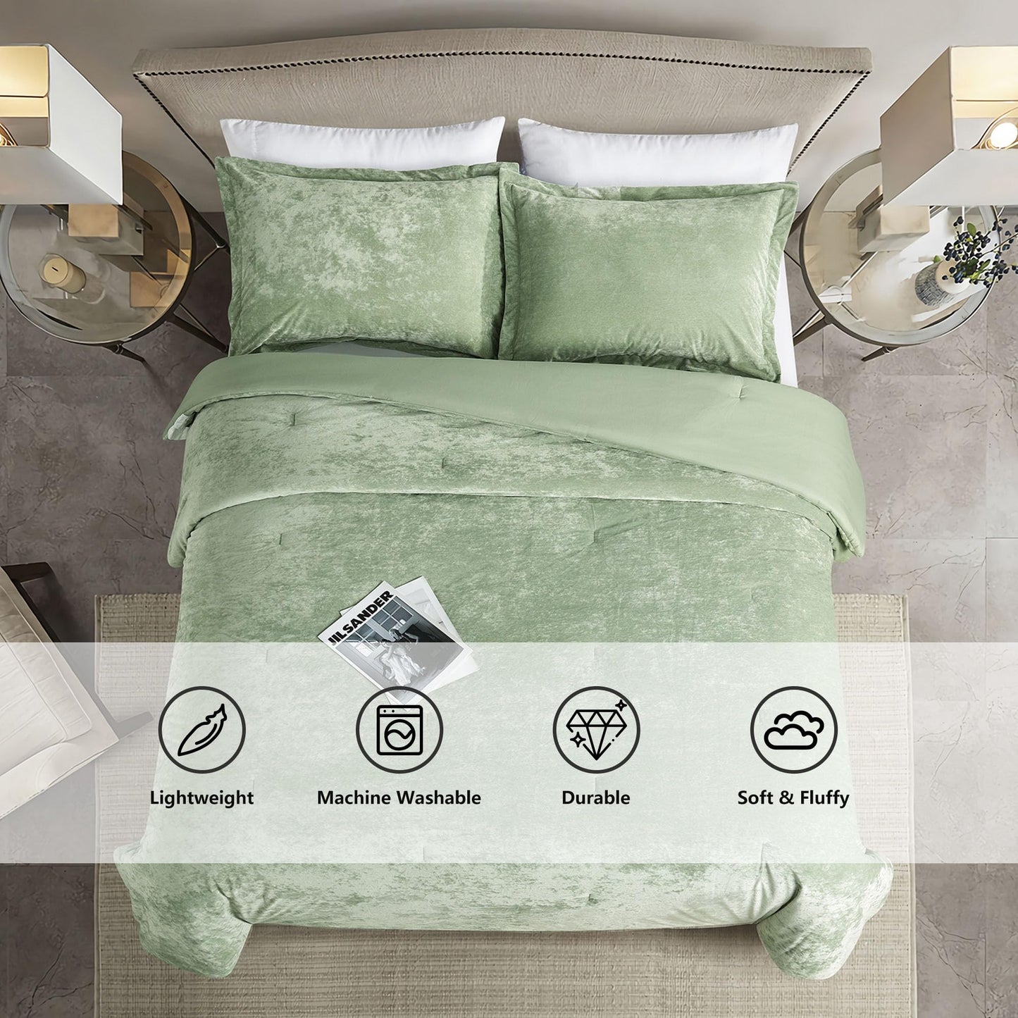 HUMESIIL Luxury Velvet King Size Comforter Set, 3 Pieces Reversible Brushed Solid Microfiber Back, All Season Cozy, Soft, Warm (Sage Green,104x90 in)
