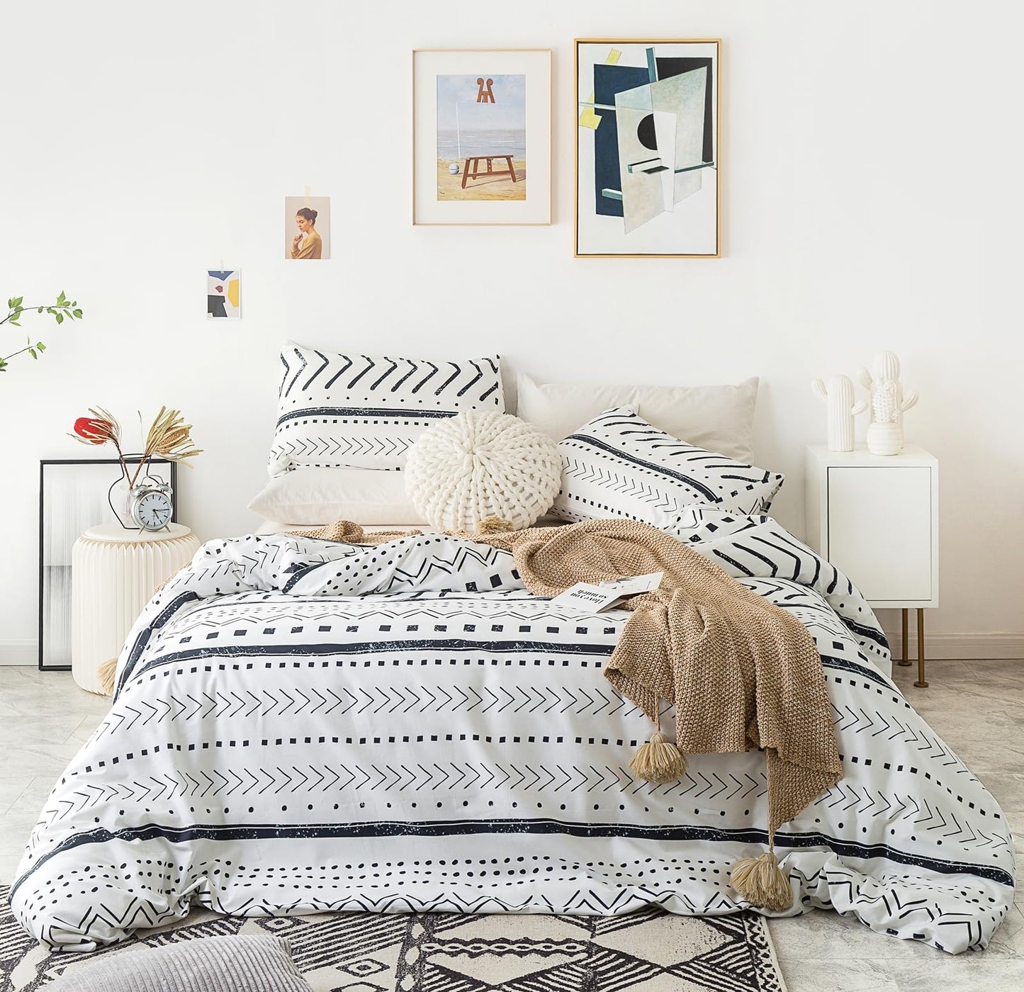 YuHeGuoJi Bohemian Aztec Duvet Cover Queen 100% Cotton 3 Pcs Set 1 Black White Striped Duvet Cover with Zipper Ties 2 Pillowcases Vintage Arrow Striped Pattern Boho Geometric Bedding Set Soft