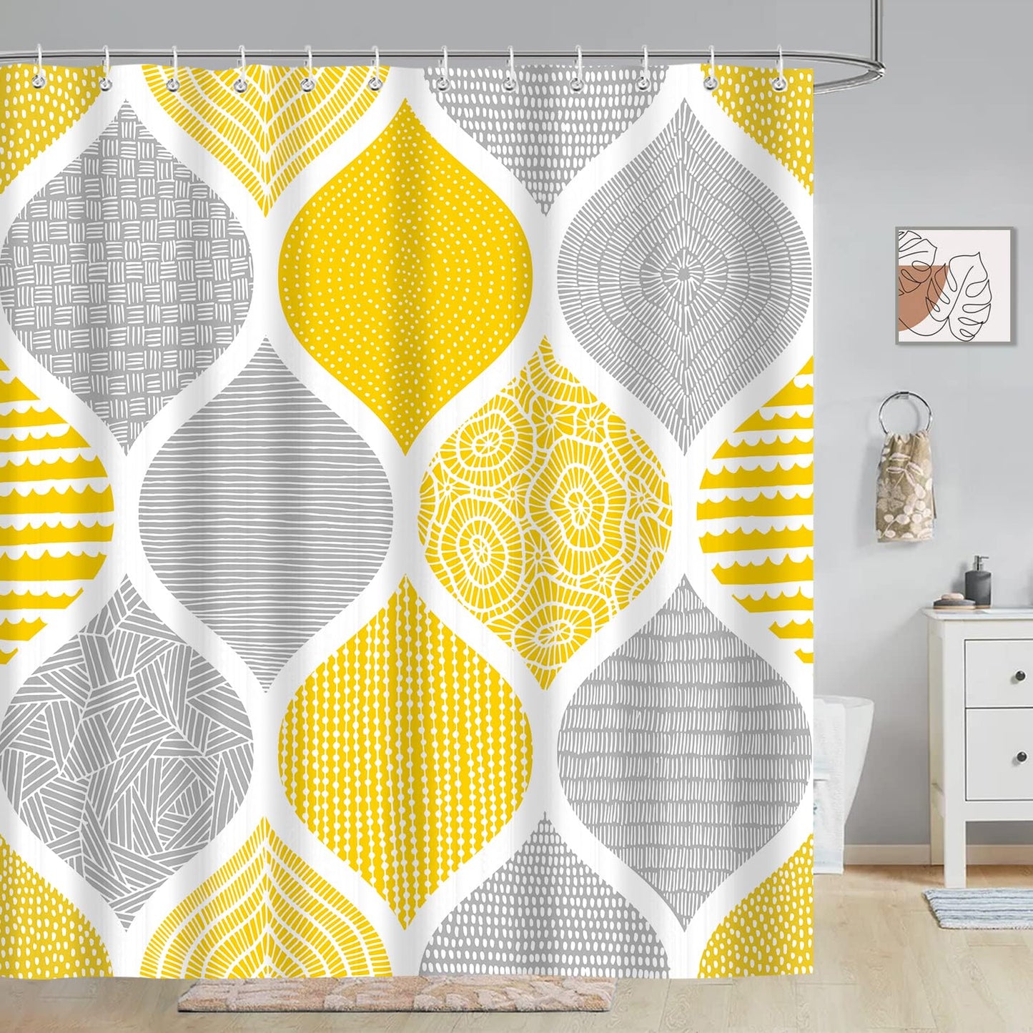 iTapnoom Boho Yellow and Grey Shower Curtain Set, Dark Gray Abstract Geometric Pattern Shower Curtains for Bathroom Decor Accessories, Modern Bohemia Paisley Fabric Bath Curtains with Hooks 72X72