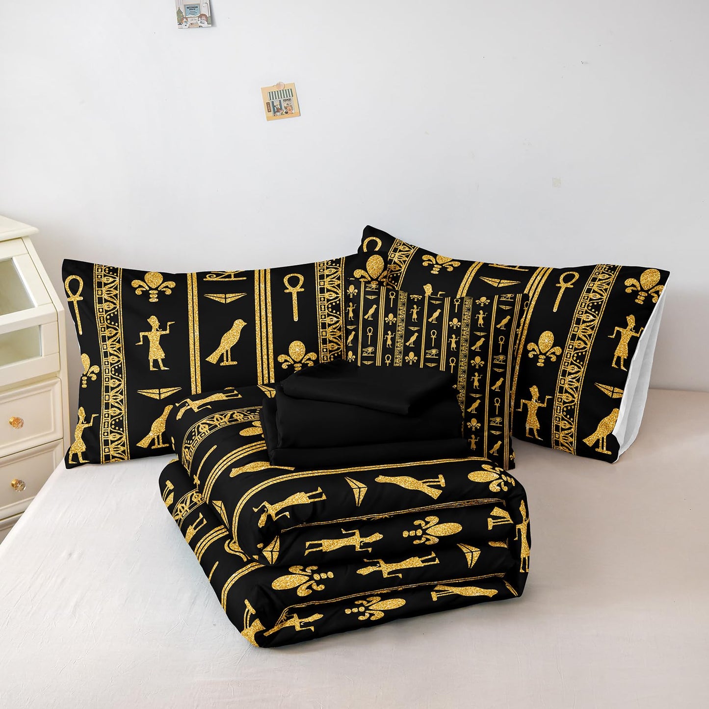 Black Gold Queen Bedding Set - Ancient Egyptian Vintage Pharaoh Pyramid Pattern Boho Tribal Comforter Sheet Set with 1 Cushion Cover (Queen, Black)