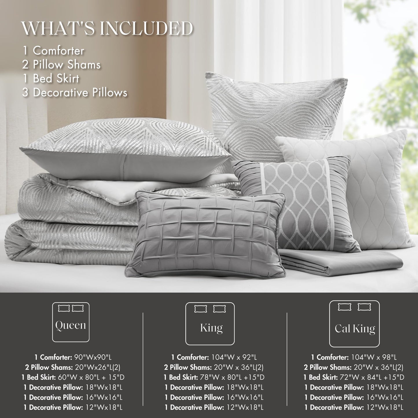 Madison Park 7-Piece Velvet Comforter Set, Jacquard Bedding Sets for All Season, Includes Comforter, Bed Skirt, Pillow Shams and Decorative Pillow, Queen/King/Cal King, Nocturne, Grey