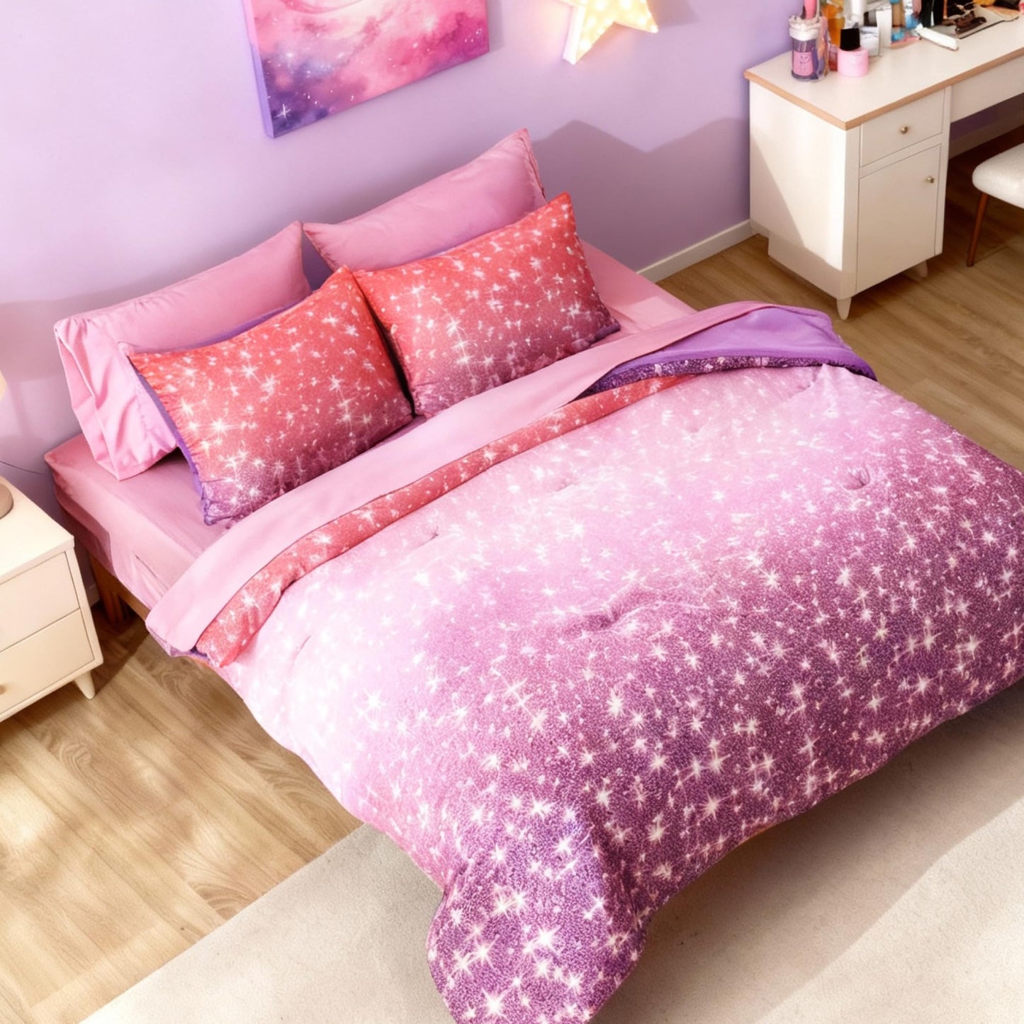 Kaleido Space Twin Comforter Set for Girls, Kids - 5 Pieces Purple Galaxy Patterns Twin Bedding Sets for Girls Boys Teen, Soft Cozy Bed in A Bag with Sheets