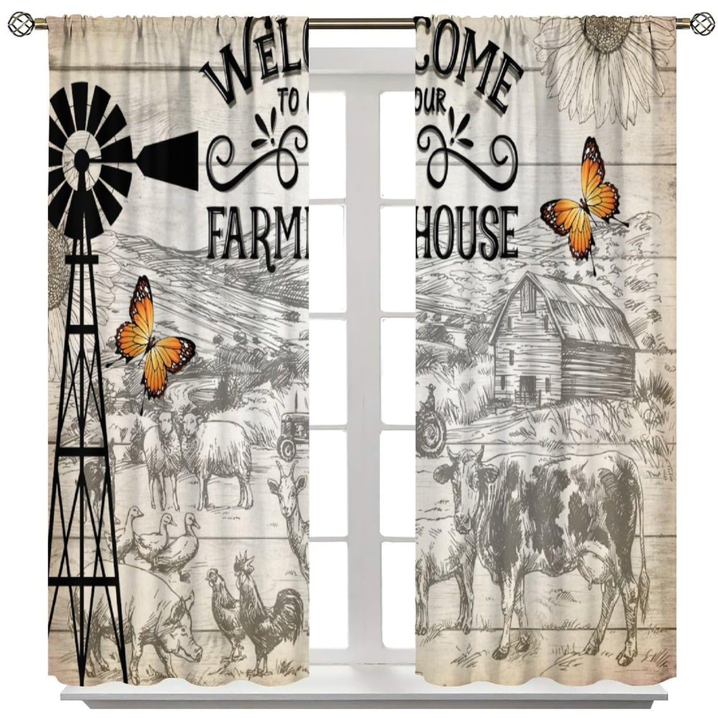 FAOTELY Rustic Farmhouse Curtain Retro Wooden Windmill Straw Bale Cattle Butterfly Animals Pattern Window Drapes for Living Room Bedroom Kitchen Cafe （W20xL45 Inch） x2 Decor