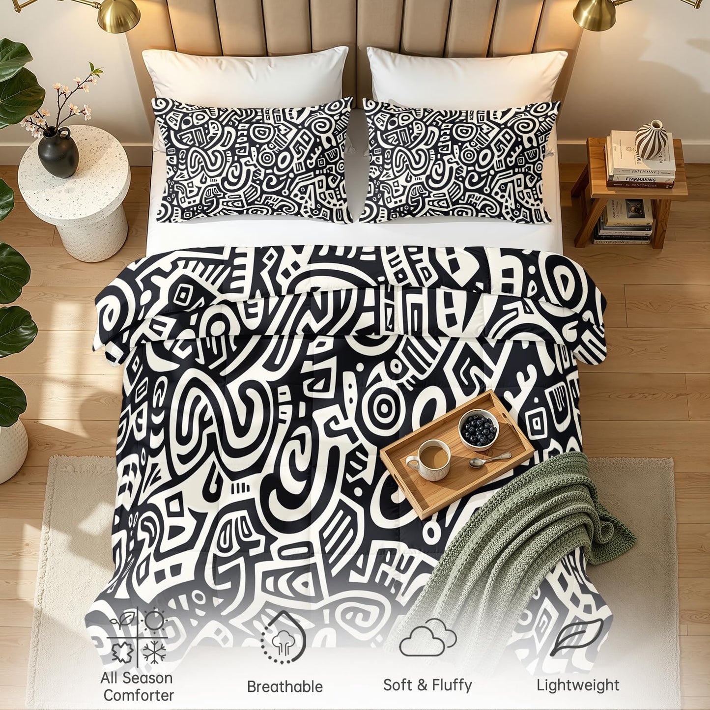 Abstract Art Comforter Set Queen Size 3 Pcs - All Season Comforter & 2 Pillowcases, Black and White Bedding Set, Soft Lightweight Down Alternative Duvet Insert, Tribal Graffiti Bedroom Decor