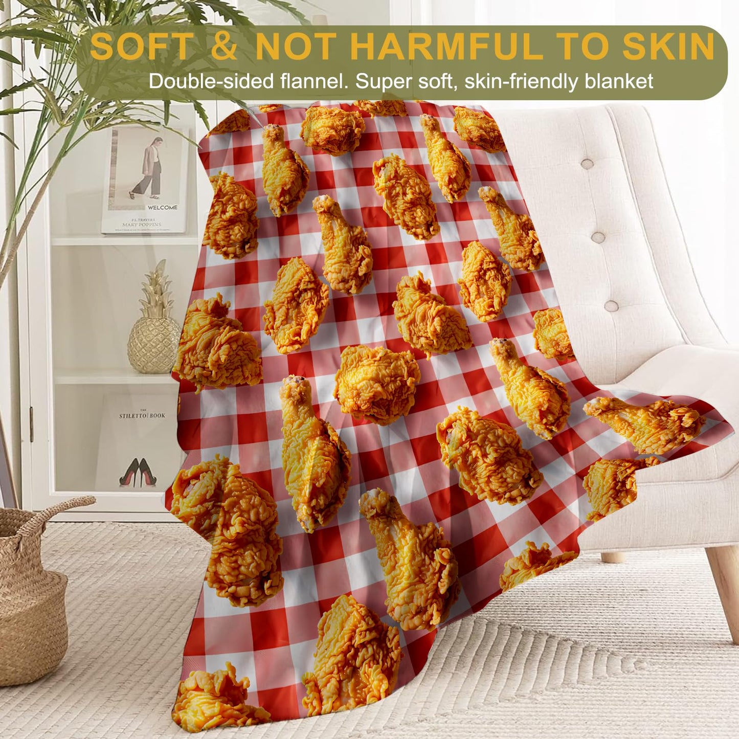 ainori Fried Chicken Feast Flannel Blanket - Fun and Tasty Food Pattern on Checkered Throw,Playful Gifts for Adult, Ultra Soft & Warm,Lightweight,for Couch Bedroom Living Room Decor 50x60in
