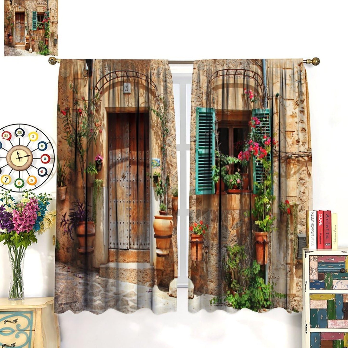 AAVEUP Italian Curtains for Kitchen Old Mediterranean Street Stone Rock House Floral Porches Pastoral Town Scenery Print Windows Treatments for Bedroom Living Room Bathroom 41x44.5in（No Blackout）
