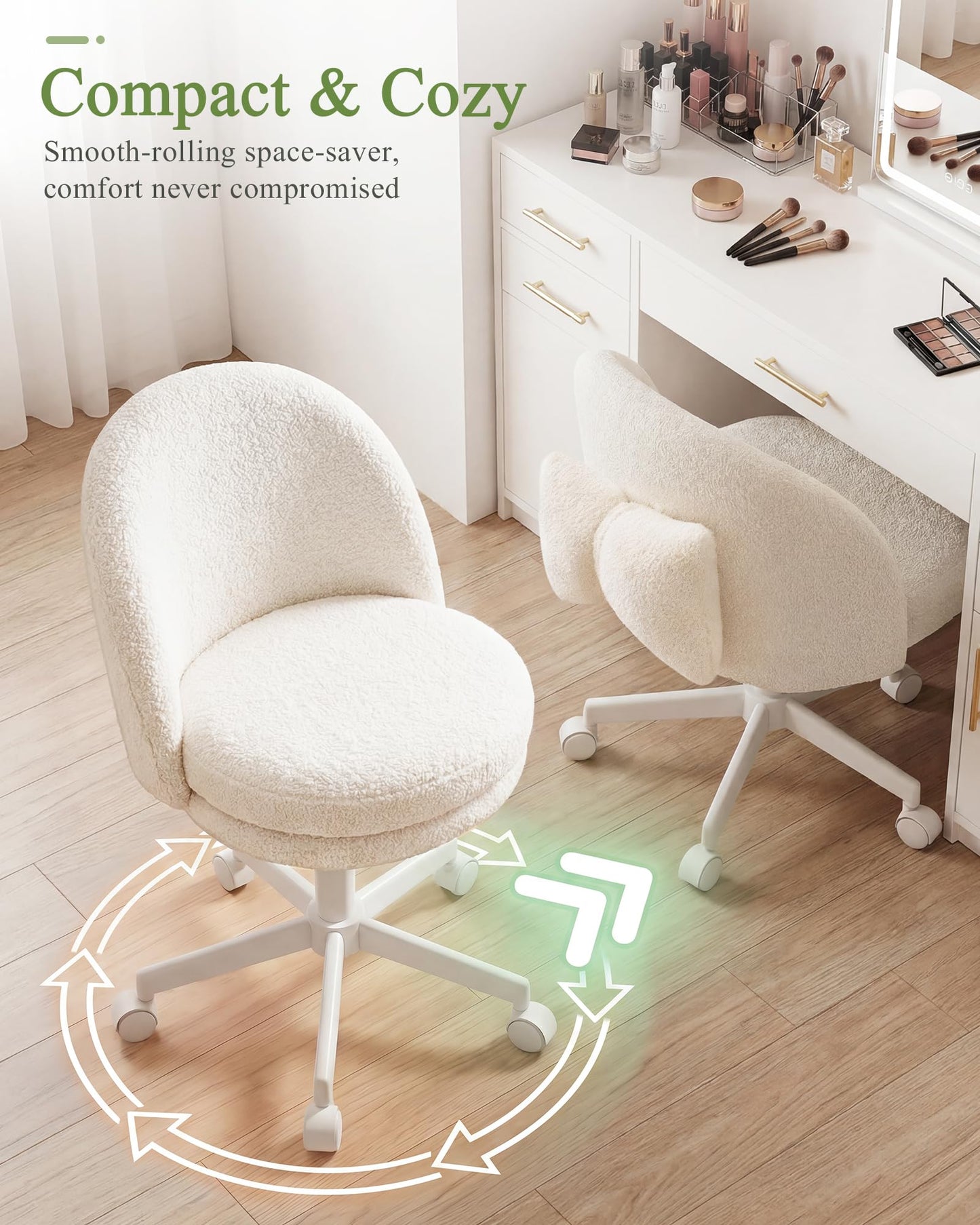GTPOFFICE Vanity Chair with Back, Adjustable Tall Office Chair High Swivel Bar Stools Fluffy Cute Desk Chair Comfy with Wheels Bow Pillow Armlees for Adults Standing Desk Bar, Teddy Velvet, Cream