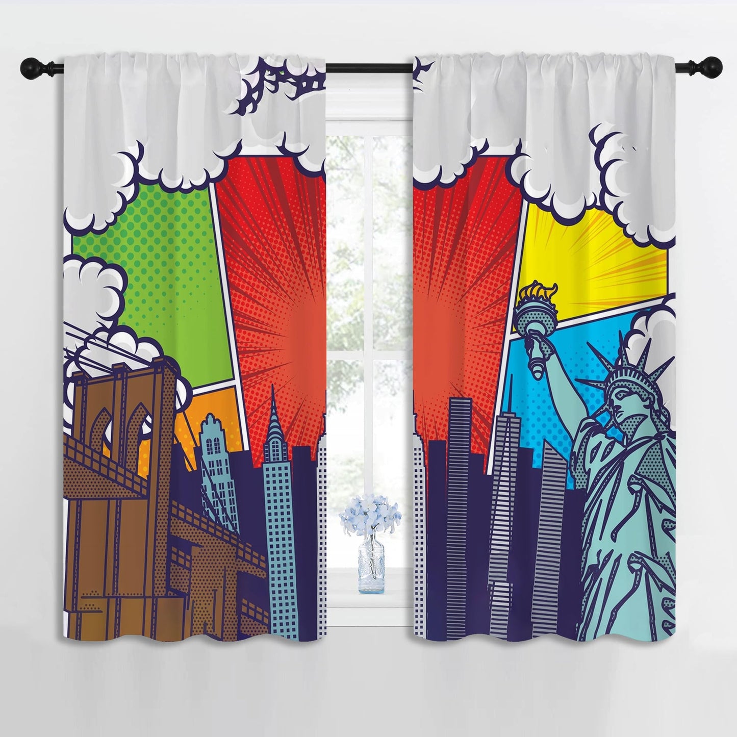 PYMATYTN City Rod Pocket Blackout Curtains for Boy Girl Bedroom, Pop Art Style New York Cityscape Thermal Insulated Home Window Drapes for Living Room Darkening, 42x45 inch