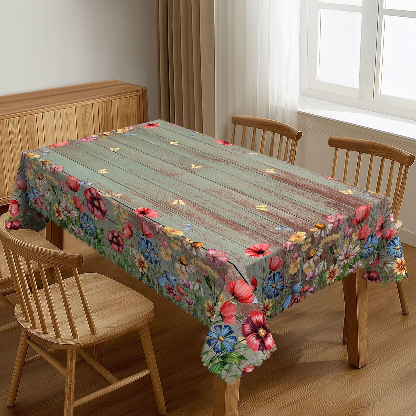 XIOURERY Wild Flowers Table Cloths Decorative for Dining Room, Flowers Brown Wood Washable Tablecloth for Home, Restaurant, Outdoor Party Table Cover 54x72 Inch