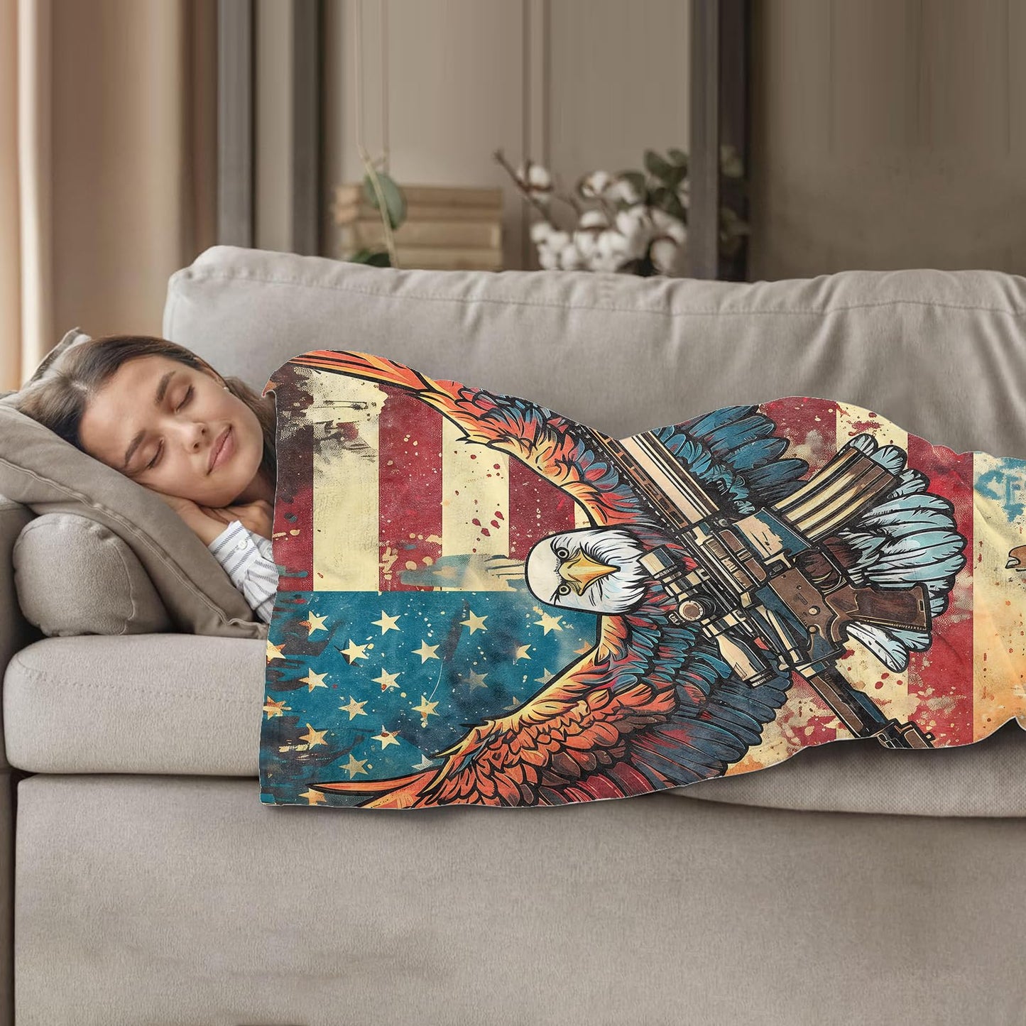 Plistiz Eagle & Rifle Veteran Throw Blanket 40"x50", American Flag Patriotic Army Theme Blankets for Living Room Couch, Home Decor, Soft Flannel Eagle Veteran Gifts for Adults and Men