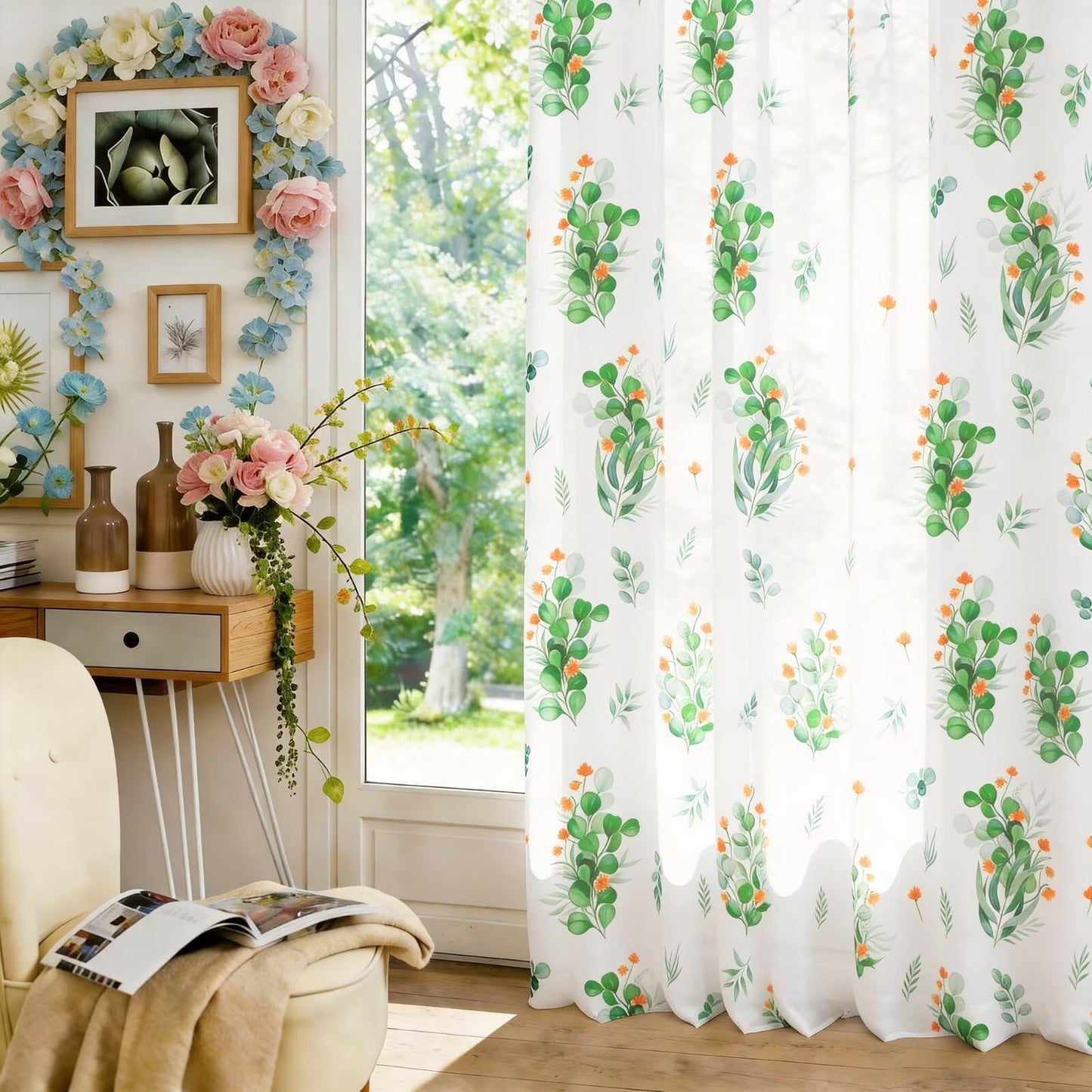 youleyar Floral Sheer Curtains for Living Room 84 Inches Long 2 Panels White Semi-Sheer Curtain with Green Floral Printed Pattern Summer/Spring Rod Pocket Voile Drapes for Bedroom, 52" W x 84" L
