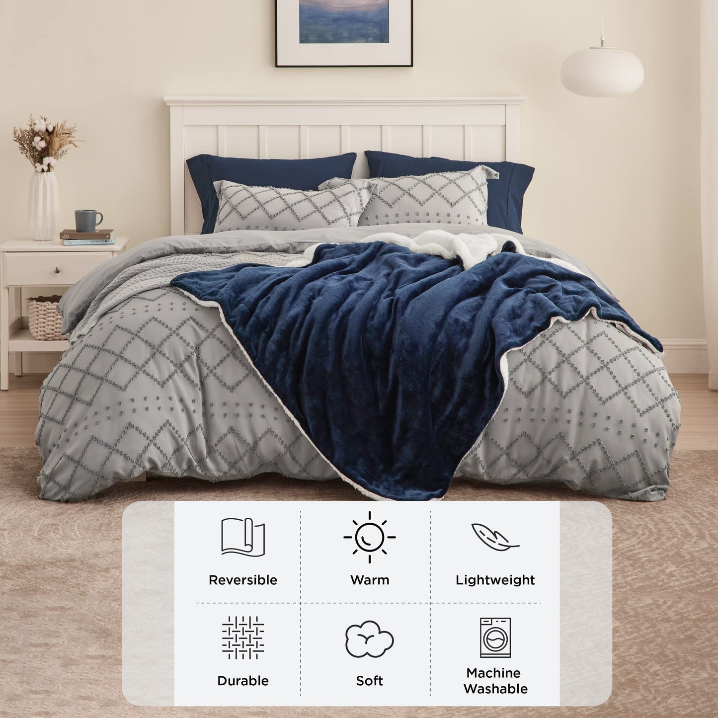 Bedsure Sherpa Fleece Throw Blanket for Couch - Fuzzy Soft Cozy Blanket for Winter, 50x60 Inches, Navy and White