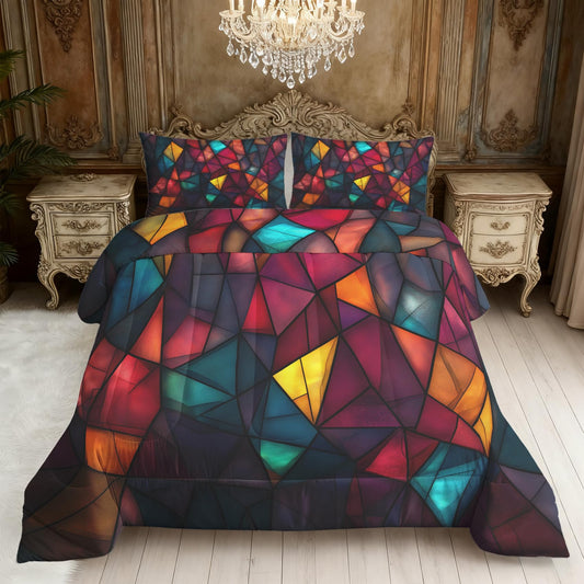 Flumoxa Stained Glass Comforter Full Size, Retro Medieval Vintage Geometric Comforter Down Alternative All Season Bedding, Stained Glass Bed Set Full with Pillowcase, Bedroom Decor