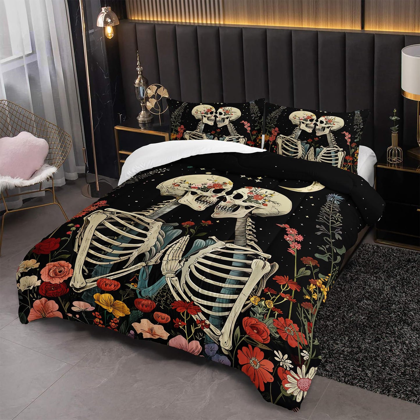 lneffble Black Gothic Skull Flower Twin Comforter Set，Quilt Twin Size Bedding Set Gothic，with 1 Comforter with 2 Pillow Case，Skull Room Decor for Bedroom