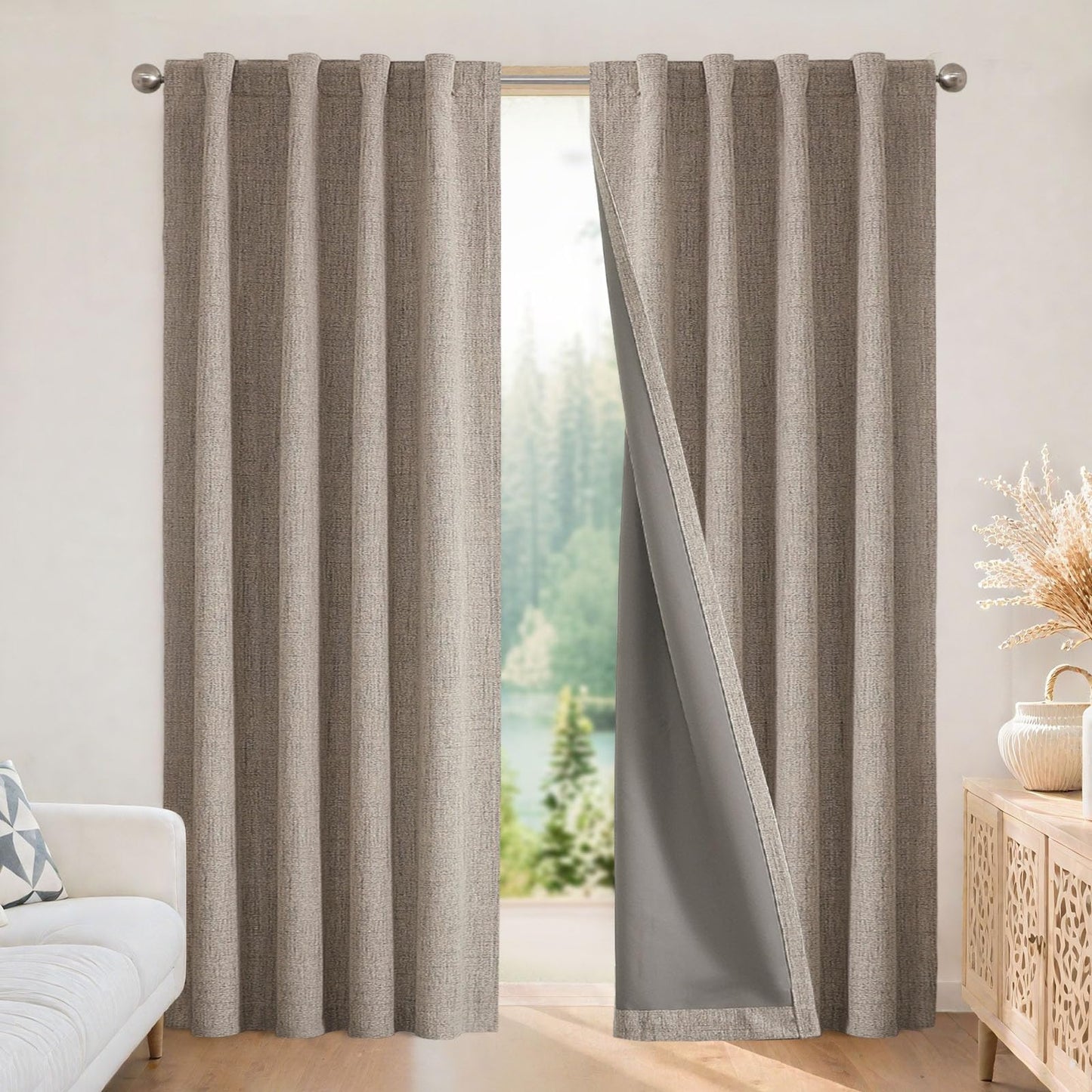 Joydeco 100% Blackout Curtains for Bedroom - Nature Linen 84 Inch Long Light Blocking 2 Panels Set, Rod Pocket & Back Tabs Living Room Drapes, Thermal Insulated Room Darkening Window Curtains