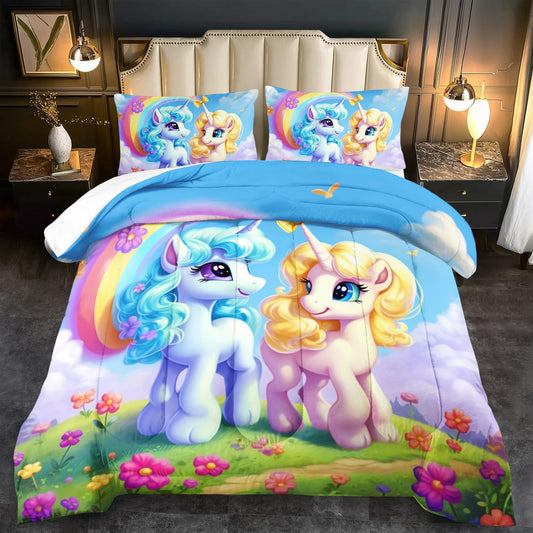llyxsesty Unicorn Comforter Set King,Kawaii Unicorn Bedding Set King Kids,Rainbow Comforter Blue Bedroom Decor,Cute Animal Bedding Rainbow Bed Decor for Girls,Cartoon Blue Floral Quilt