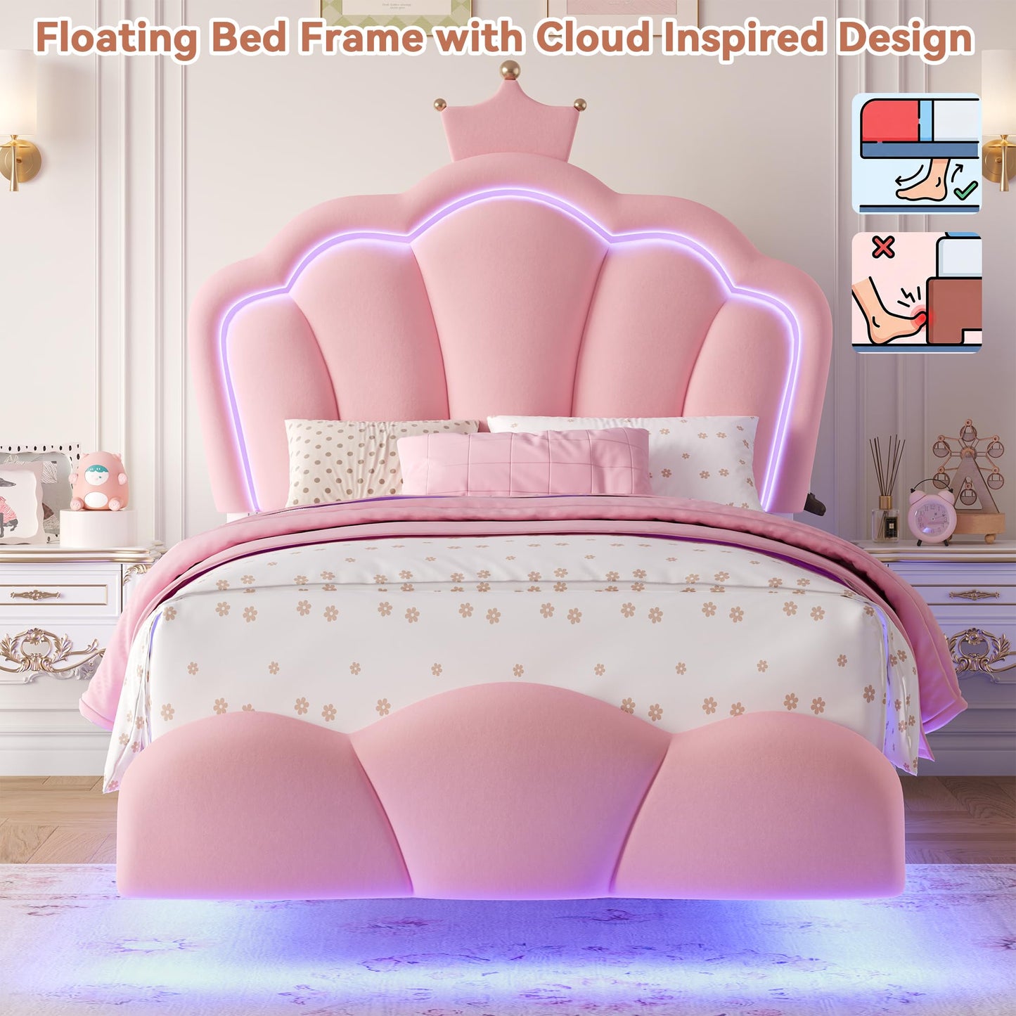 Keyluv Twin Floating Bed Frame with Led Lights & Charging Station, Princess Bed with Storage Bookcase Headboard, Velvet Upholstered Platform Bed with Cloud-Shaped Footboard for Girls, Noise free, Pink