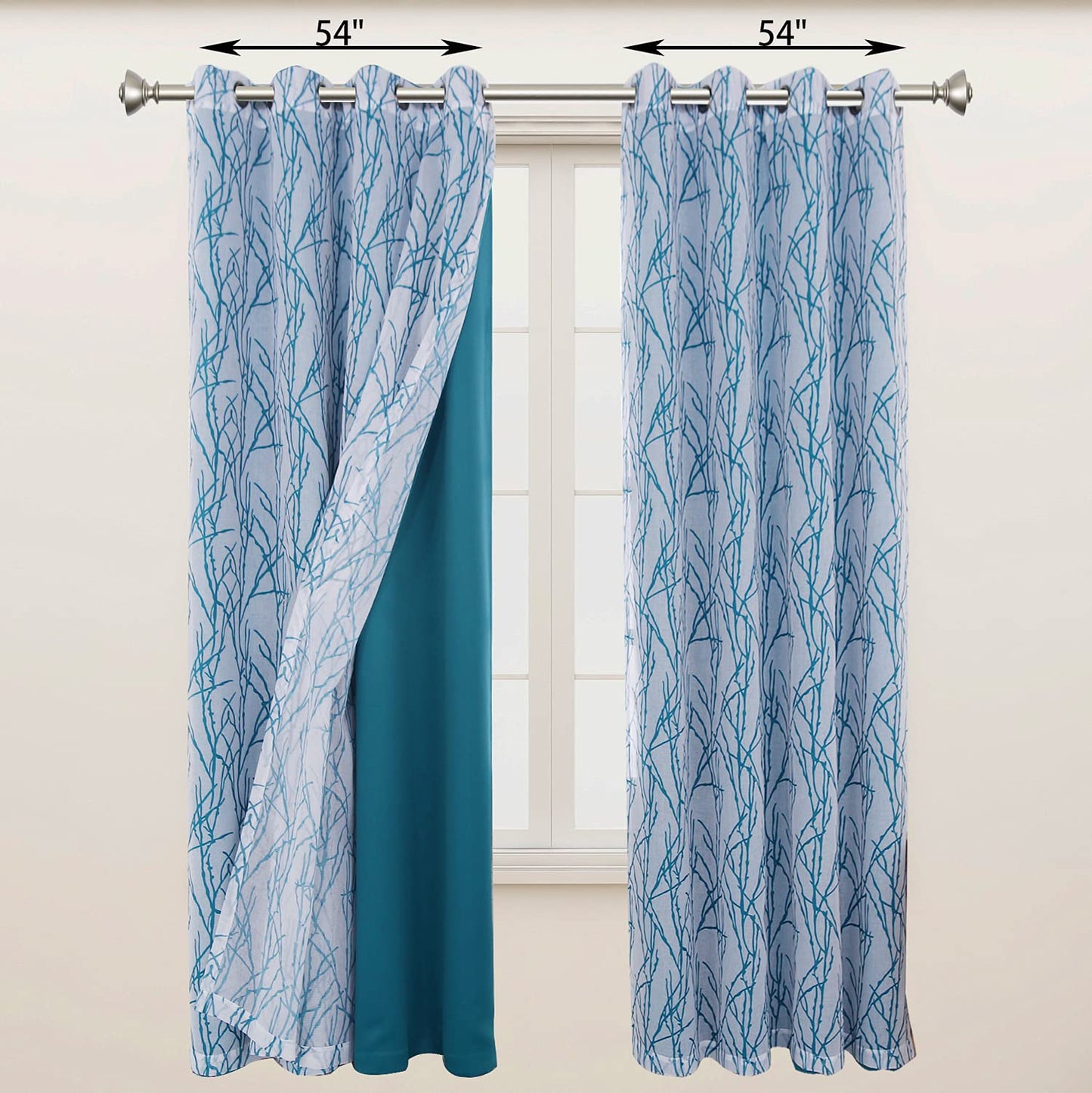 BONZER Mix and Match Curtains - 2 Pieces Branch Print Sheer Curtains and 2 Pieces Blackout Curtains for Bedroom Living Room Grommet Window Drapes, 54x95 Inch/Panel, Teal, Set of 4 Panels