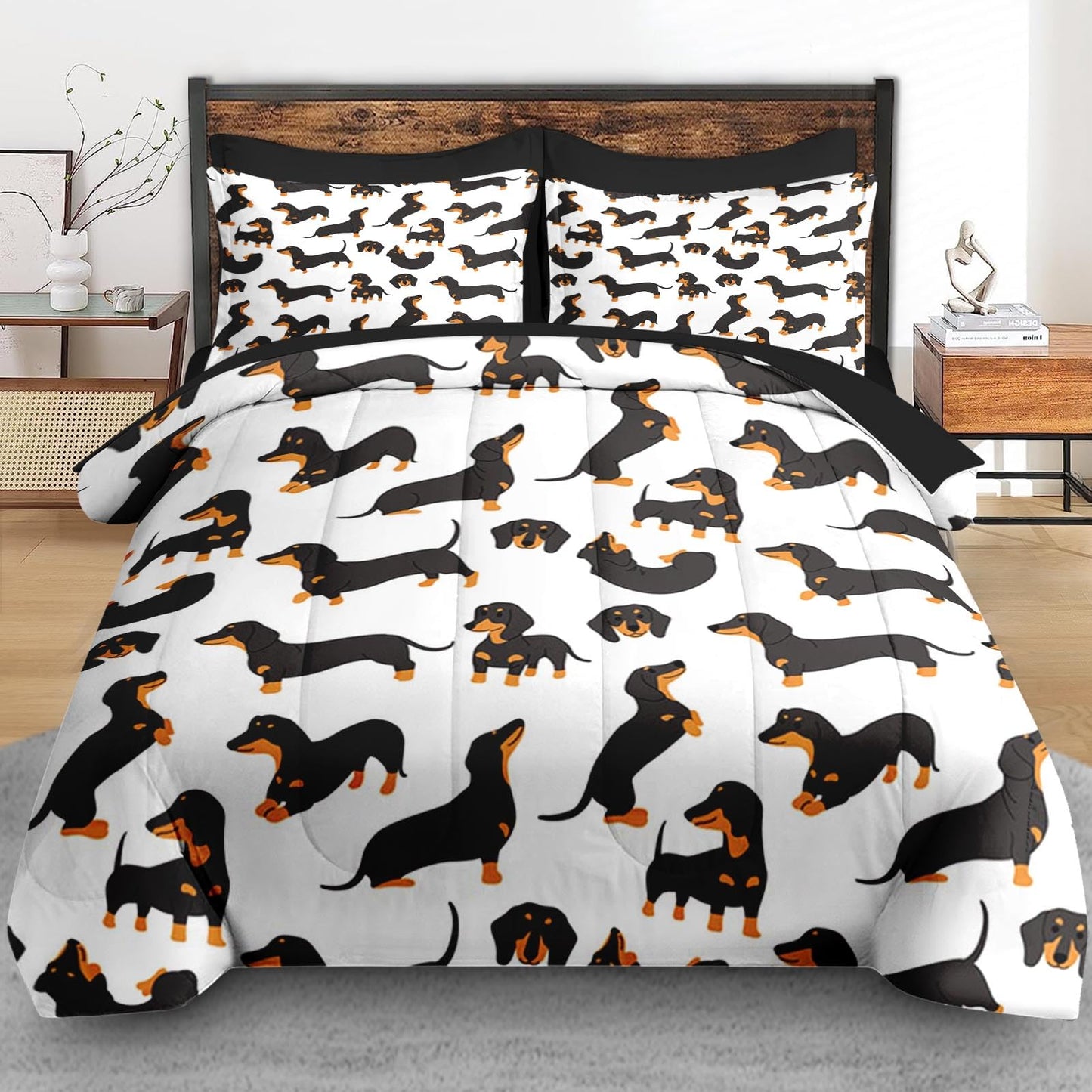Pamnest Comforter Set Full Size, Dog Family Animal 7 Pcs Bedding for Kids and Adults, Happy Cute Dachshund Bed Sheet Sets with Fitted Sheet 2 Pillowcases & 2 Shams for Bedroom Bed Decor
