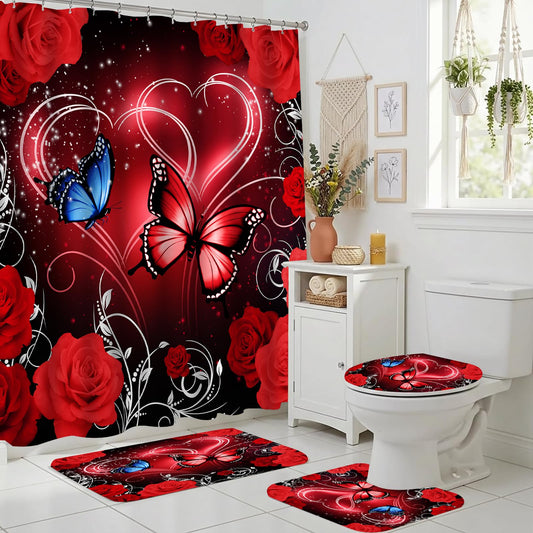 Vostolaiv 4 PCS Red Floral Butterfly Shower Curtain Set with Bath Rugs Vintage Butterflies Bathroom Sets Non Slip Toilet Mats Toilet Cover Spring Colorful Bathroom Accessory Sets with 12 Hooks