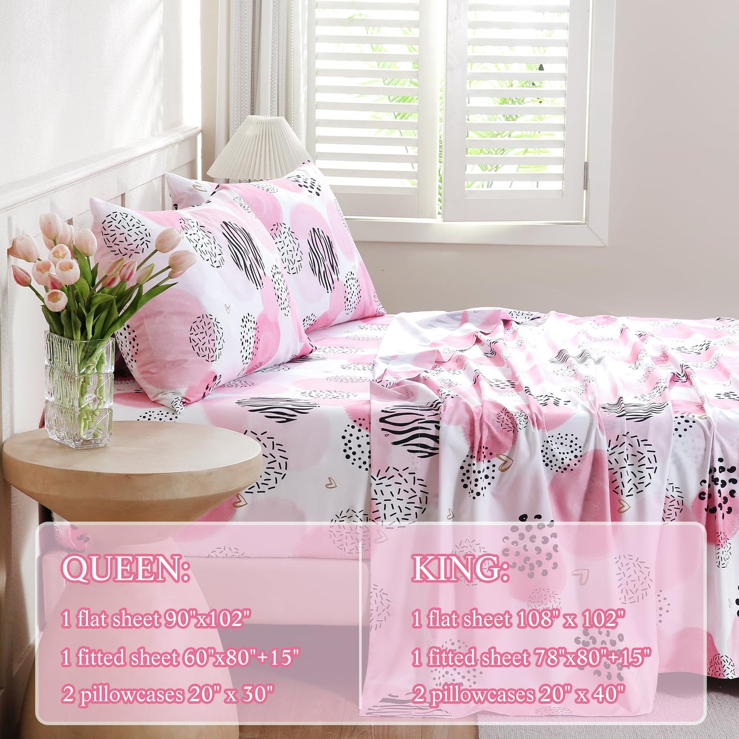 CIMVI Pink Sheet Set Queen Size 4 Pieces Girls Bedding Simple Dots Printed Sheets 15-inch Deep Pocket Fitted Sheets and Pillowcase Soft Breathable Microfiber Bed Sets for Woman Decor Bedroom
