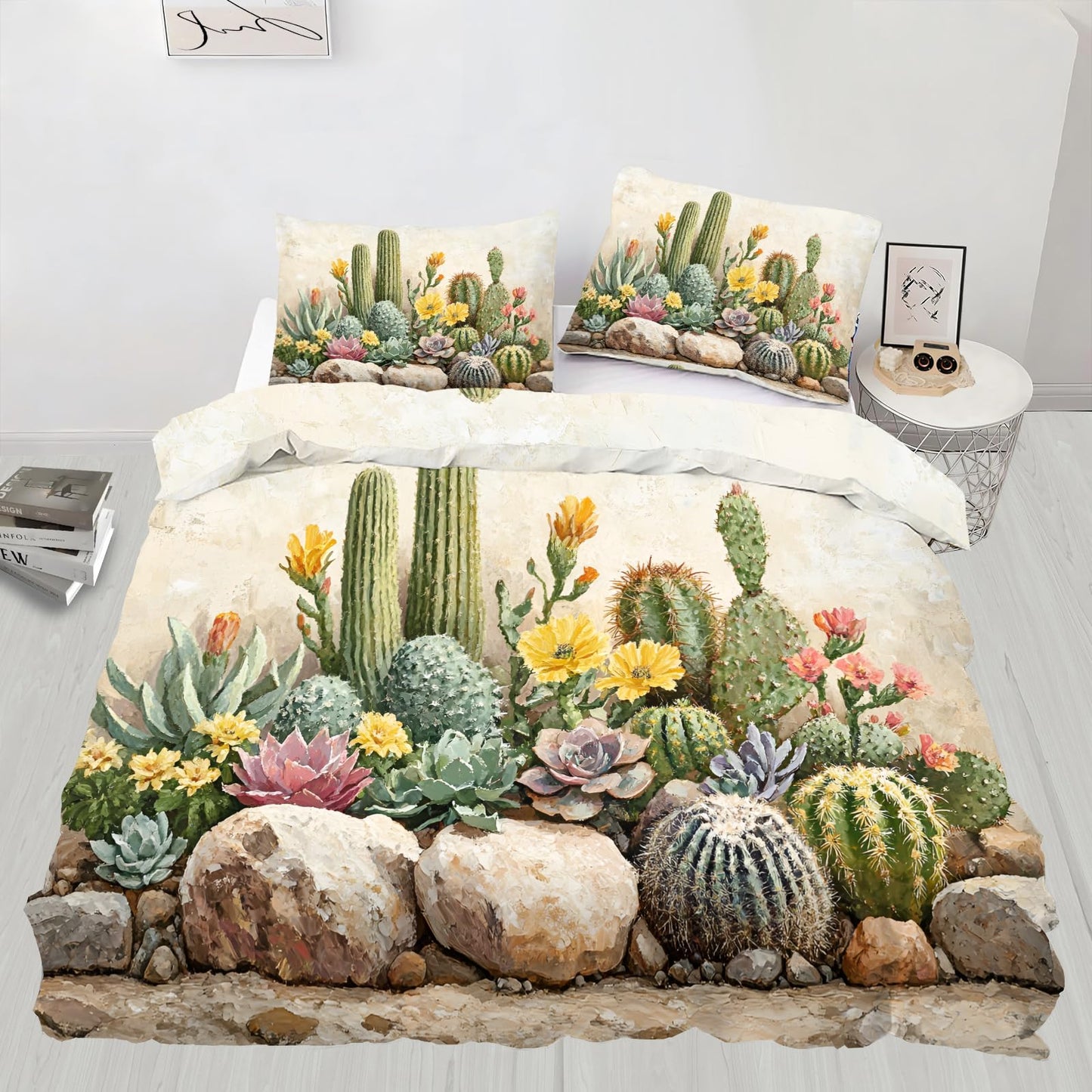 PAISUOQ Plant Bedding, Desert Cactus Duvet Cover Full, Plant Floral Comforter Cover with Zipper Ties, 3 Pieces with 2 Pillowcases, Home Decor & Gifts