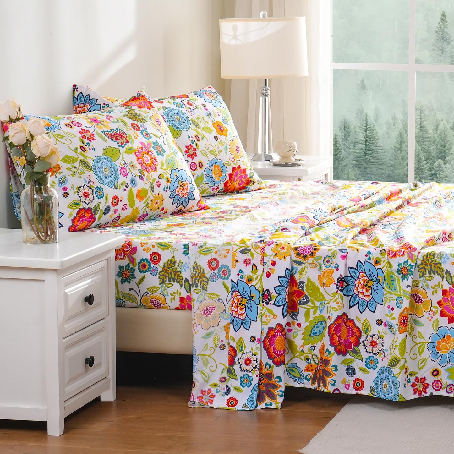 Bedlifes King Sheet Set Ultra Soft, Breathable, Silky Flower Deep Pocket 100% Microfiber Bedding, 4 Piece King Size with Floral Spring Design