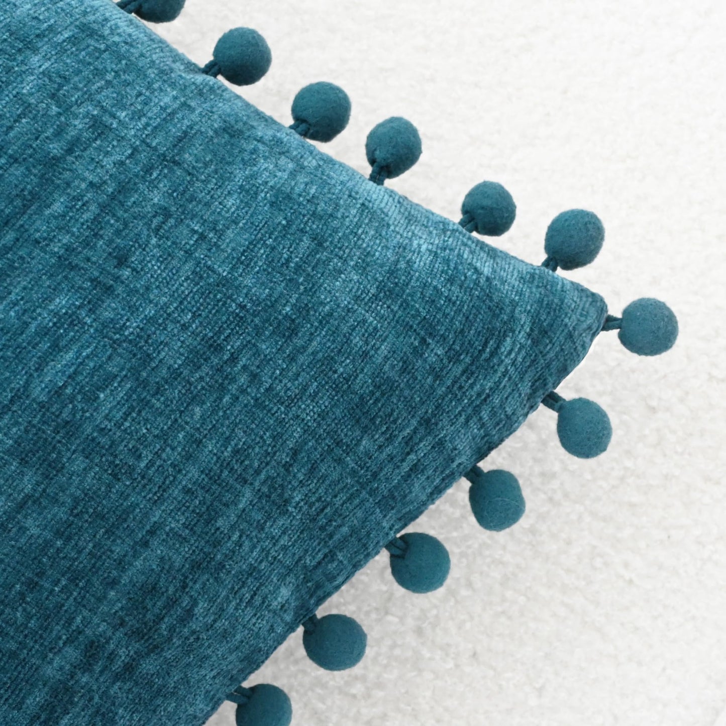 CaliTime Throw Pillow Covers Decorative 18 X 18 Inches Pack of 2 Cozy Solid Dyed Soft Chenille Cushion Cases with Pom Poms for Couch Sofa Bed Living Room Home Ocean Blue