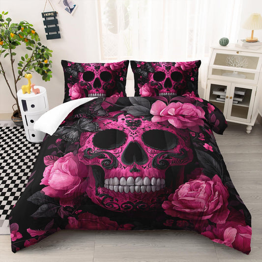 AILONEN Goth Skull Bedding Set Queen Size,Pink Black Floral Skull Comforter with 2 Pillowcases,3Pcs Horror Halloween Gothic Bedding for Room Decor
