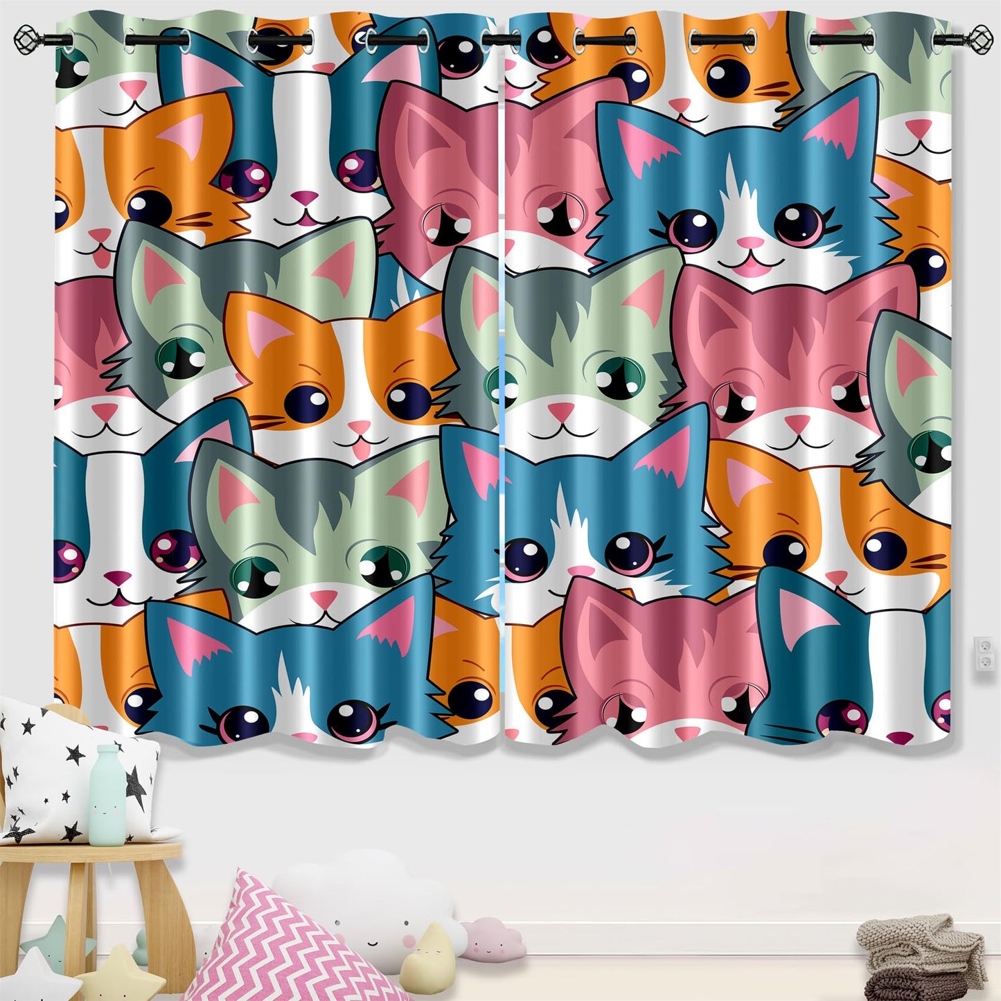 Kossmjx Cat Blackout Curtains for Girls - 2Pcs Cute Cartoon Cat Patterns Curtain Panels for Girls Bedroom Lovely Cats Drapes Darkening Window Curtain for Living Room Bedroom, 82" x 63"