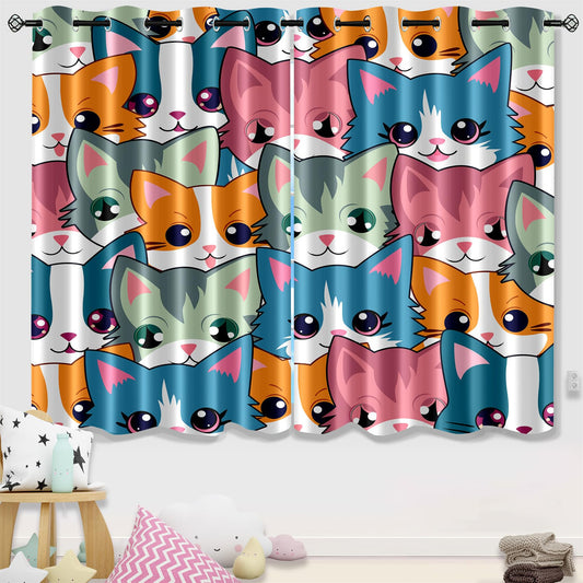 Kossmjx Cat Blackout Curtains for Girls - 2Pcs Cute Cartoon Cat Patterns Curtain Panels for Girls Bedroom Lovely Cats Drapes Darkening Window Curtain for Living Room Bedroom, 82" x 63"