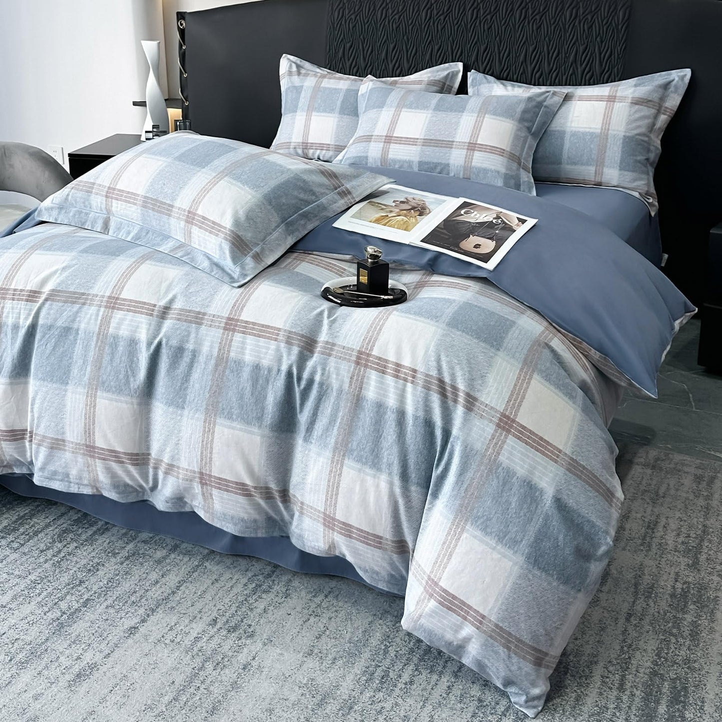 VM VOUGEMARKET Blue Plaid Duvet Cover Queen,3 Pieces Soft Brushed Cotton Duvet Cover Set,Simple Modern Teen Boys Gingham Bedding Set Without Comforter-90x90 Inch