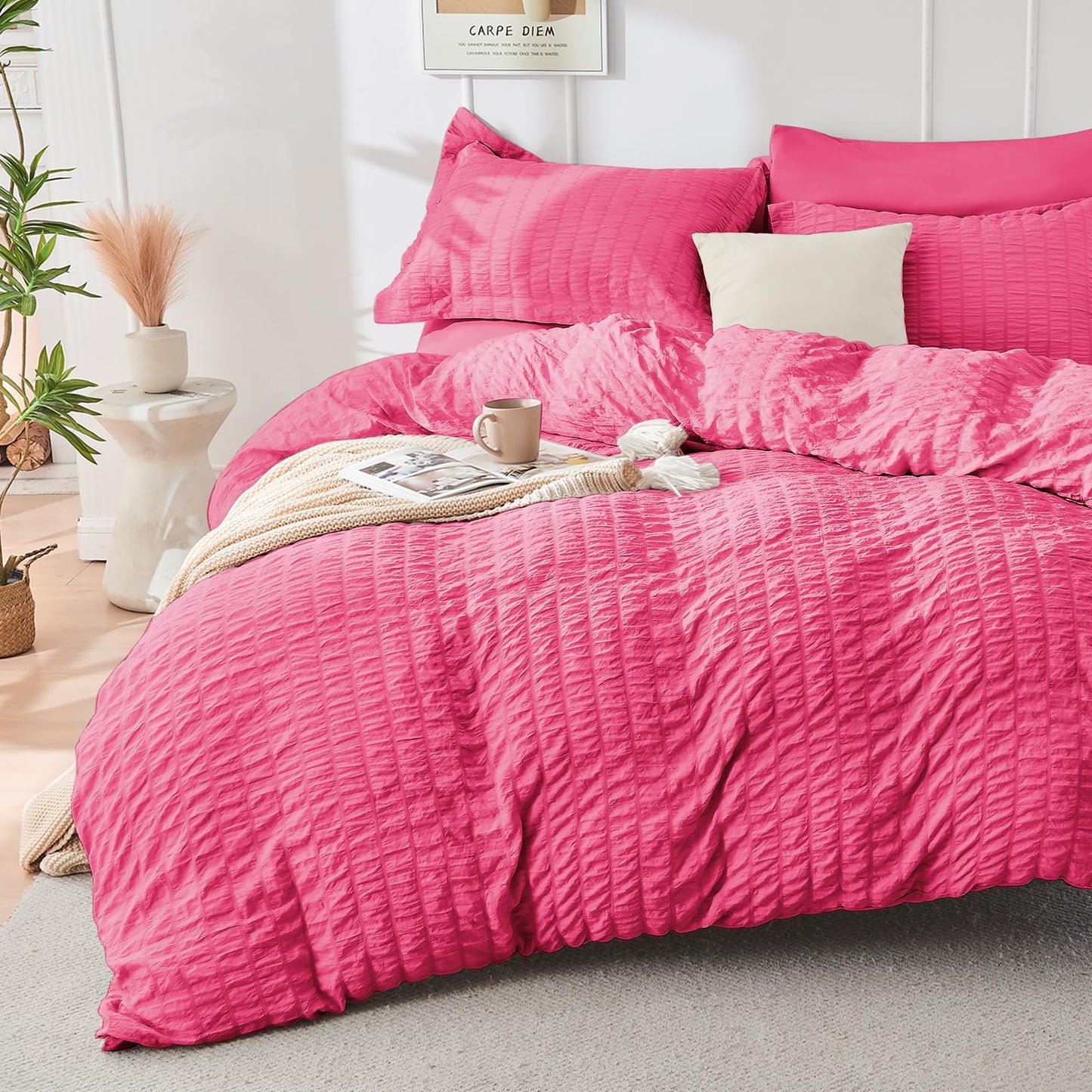 HYMOKEGE Hot Pink Twin Comforter Set Seersucker 5 Pieces, All Season Luxury Bed in a Bag for Bedroom, Bedding Set with Comforter, Sheets, Pillowcase & Sham
