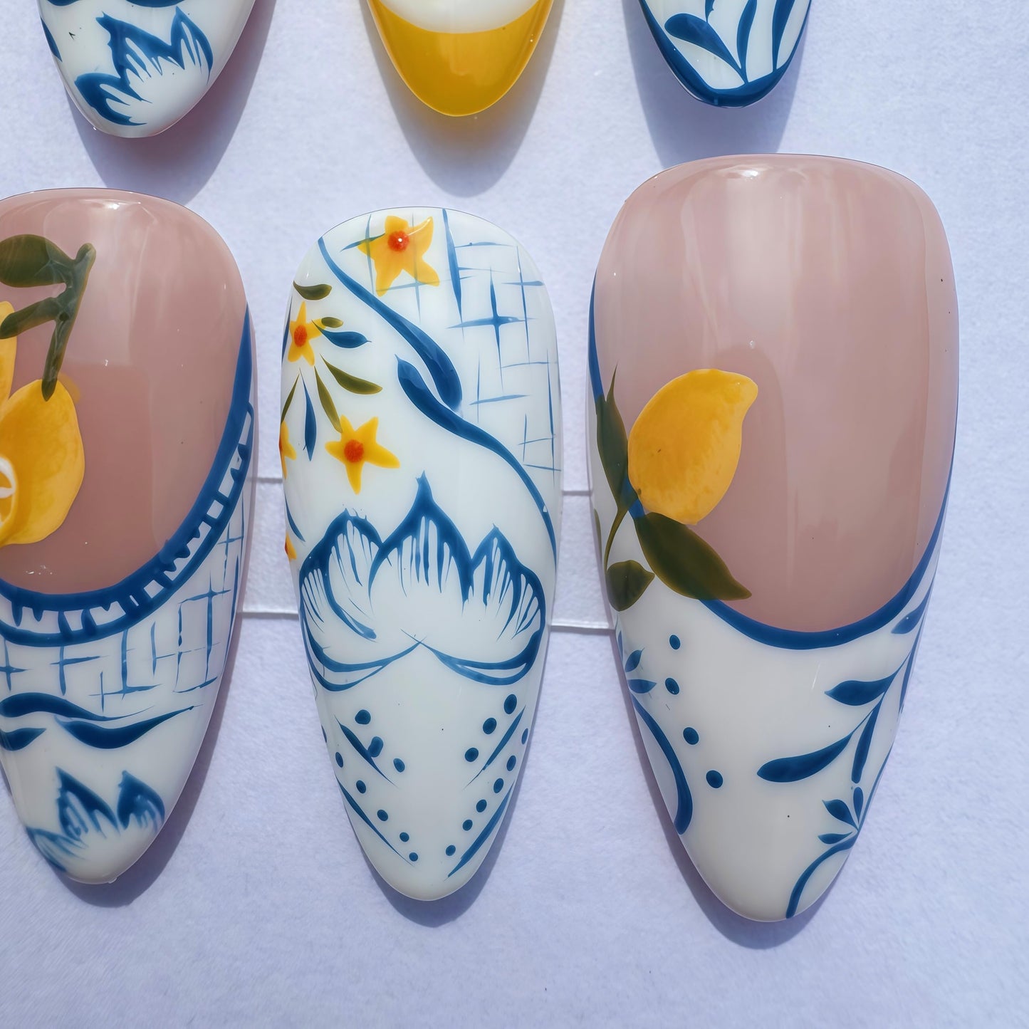 Handcrafted Press On Nails Italian Vacation Style Lemon & Blue Ceramic Pattern 100% Handmade Realistic Artistic Fake Nails With Adhesive Glue Tabs And Tool Gifts For Women (Hand-Painted Lemon,Long M)