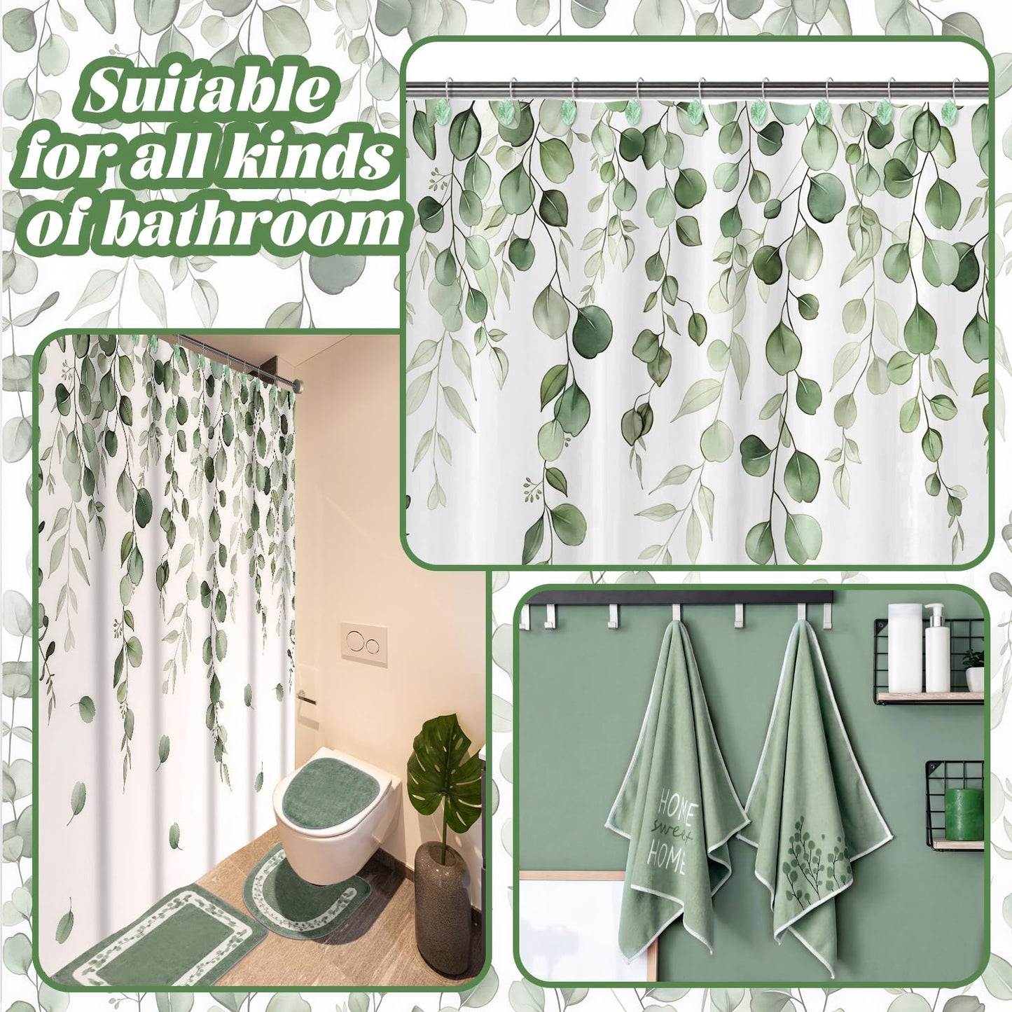 Peryiter 21 Pcs Sage Green Bathroom Set Eucalyptus Leaves Shower Curtain with 12 Leaf Hooks, 4 Sage Green Bath Towels 2 Non-Slip Rugs U-Shaped Toilet Mat & Cover Eucalyptus Decor for Bathroom