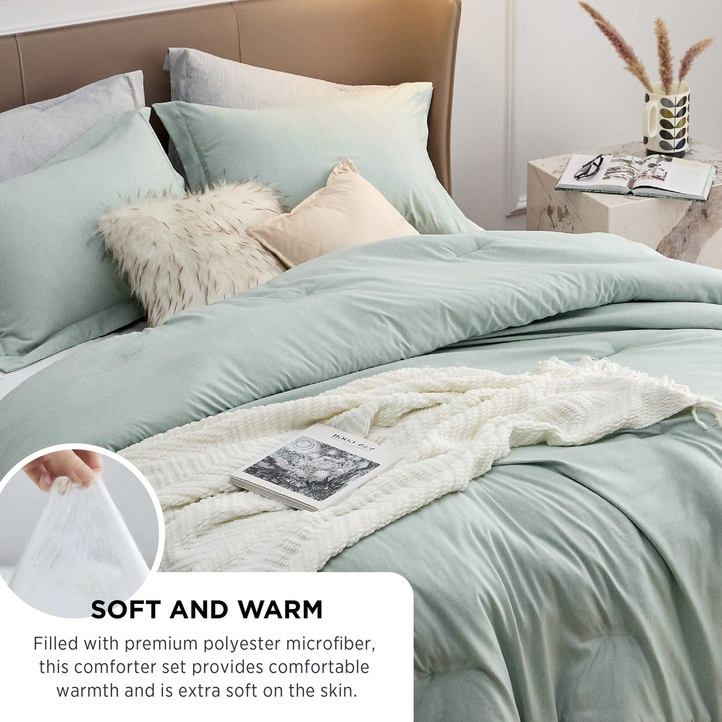 Bedsure Sage Green Queen Comforter Set - Soft Queen Bedding Sets, Cationic Dyed Bed Set for All Seasons, 3 Pieces, 1 Comforter (90"x90") and 2 Pillow Shams (20"x26"+2")